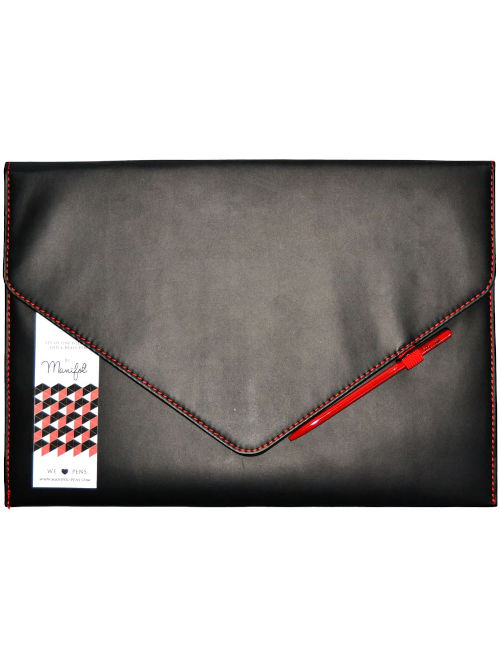 Black vegan leather document folder with red contrast stitching and optional matching red pen, showing built-in pen loop detail.