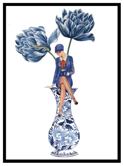 A traditional dutch blue and white vase is filled with two blue tulips and a 1920s styled lady is sitting cross-legged on the edge of the vase. 