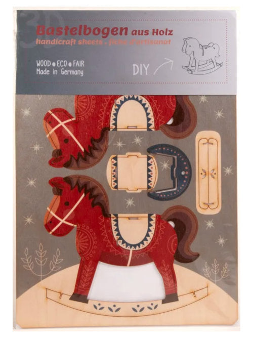 Rocking horse wooden craft kit with pre-coloured laser-cut birch plywood sheet and instructions.