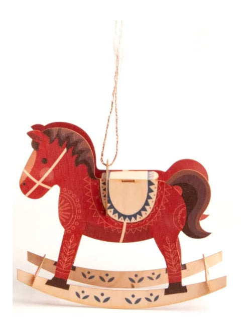 Completed wooden rocking horse craft kit assembled as a red pre-coloured rocking horse decoration.