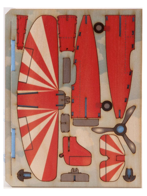 Airplane wooden 3D greeting card kit with laser-cut wooden sheet.