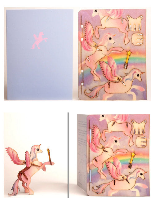 Unicorn wooden 3D greeting card kit with laser-cut wooden sheet, paper card, envelope and instructions.