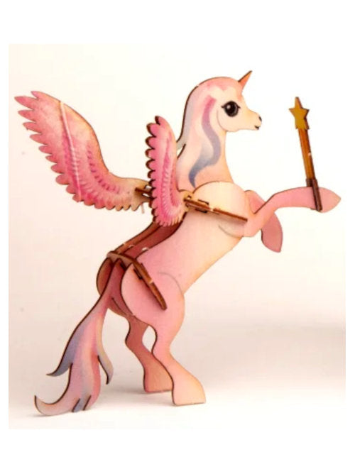 Completed unicorn wooden 3D greeting card with assembled unicorn decoration.