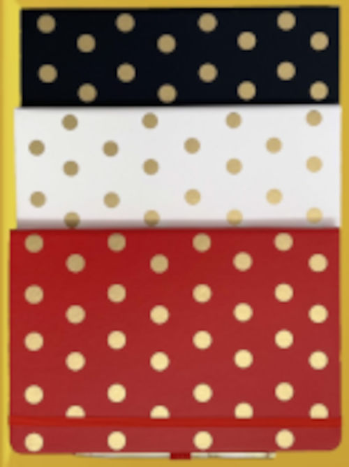 Three A5 notebooks with large metallic gold dot covers shown in black, white, and red.