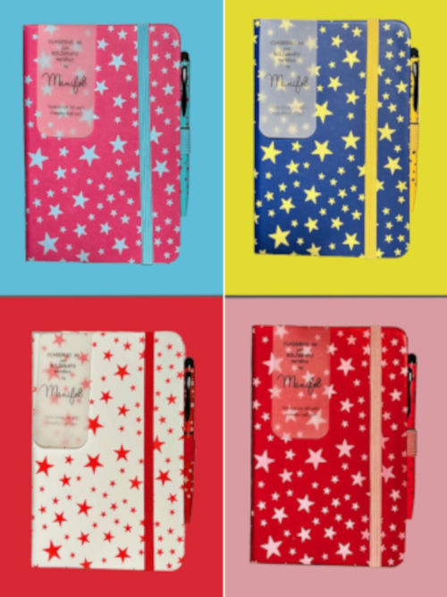 A6 star-pattern notebooks shown in multiple colours, each with a matching metallic pen and elastic closure