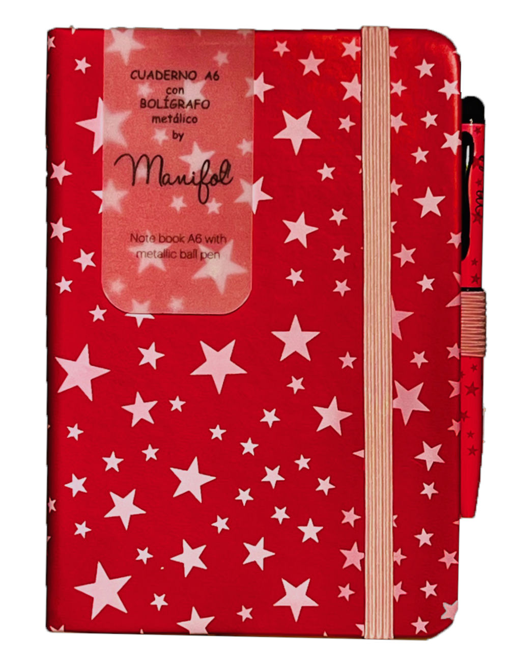 Red A6 notebook with white star pattern, elastic band closure, and matching metallic ballpoint pen