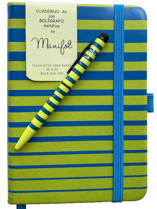 A6 striped notebook with elastic band closure and matching metallic ballpoint pen held at the side