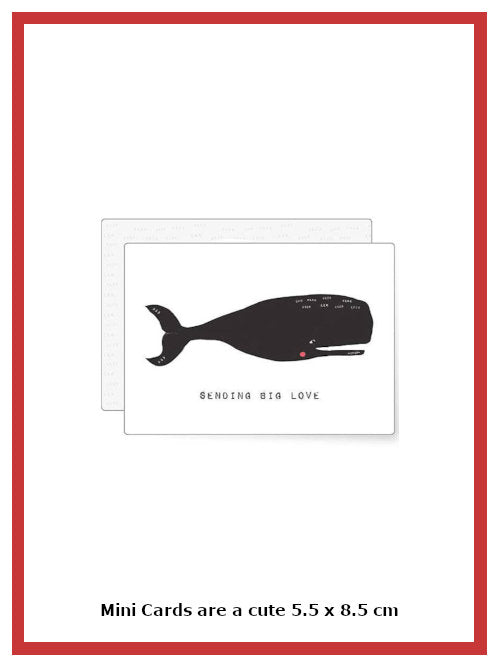 Mini Card featuring black whale illustration with the words Sending Big Love on a white background