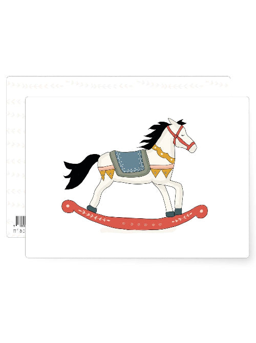 A rocking horse illustration on a white background forming a postcard.