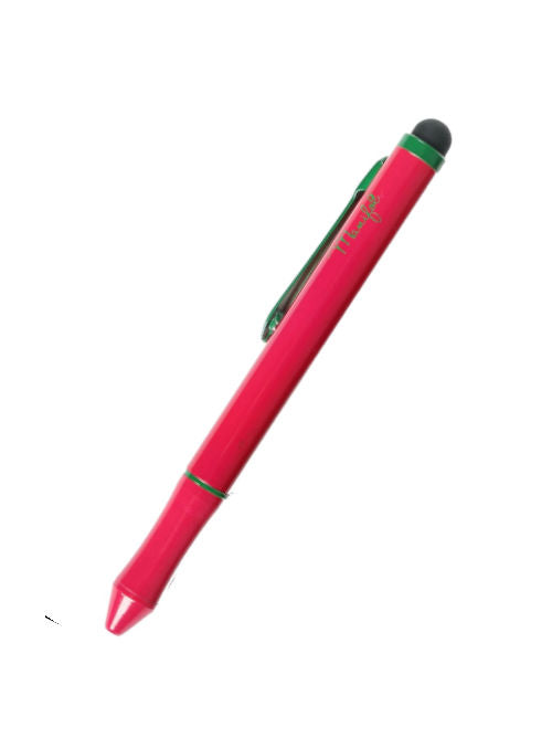 Detail of dual-ink recycled metal ballpoint pen with twist mechanism