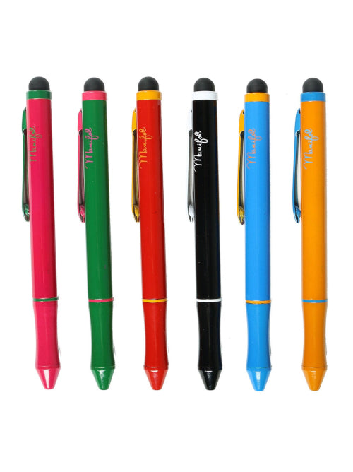 Dual-ink recycled metal ballpoint pens showing red and blue ink colours