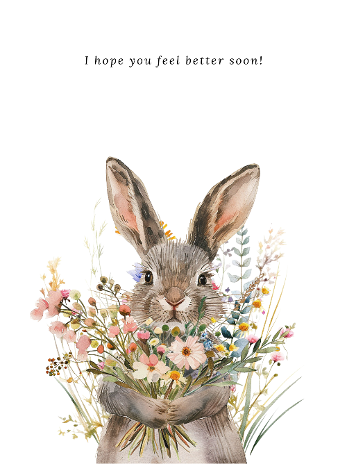 Illustration of a cute bunny holding flowers with a message 'I hope you feel better soon!' on a white background.