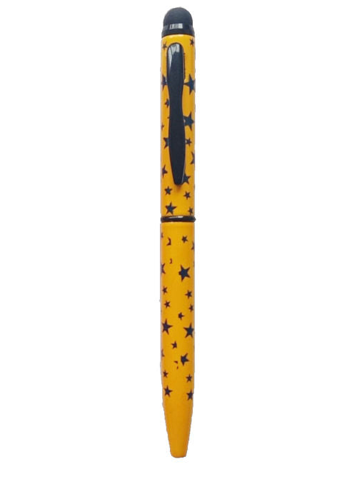 Mini ballpoint pen with star pattern and stylus tip shown upright on a white background