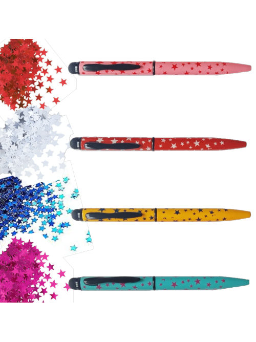 Four mini ballpoint pens with star patterns and stylus tips displayed horizontally on a white background with coloured star confetti.