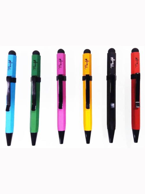 Six mini hexagonal metallic ballpoint pens with stylus tips shown upright on a white background in different colours