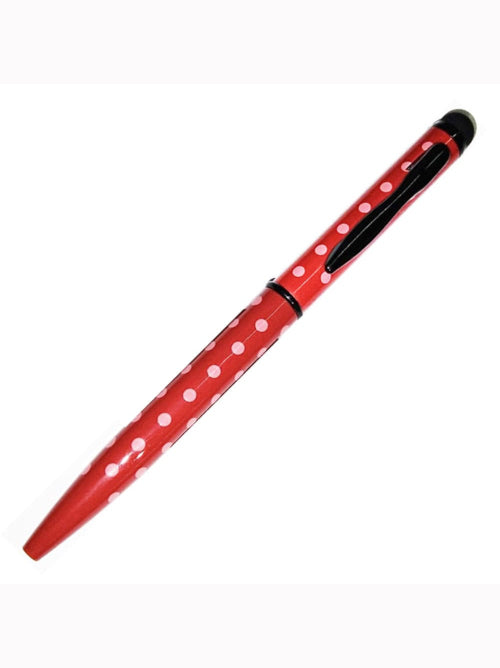 Red mini spotty ballpoint pen with pink dots and integrated stylus tip