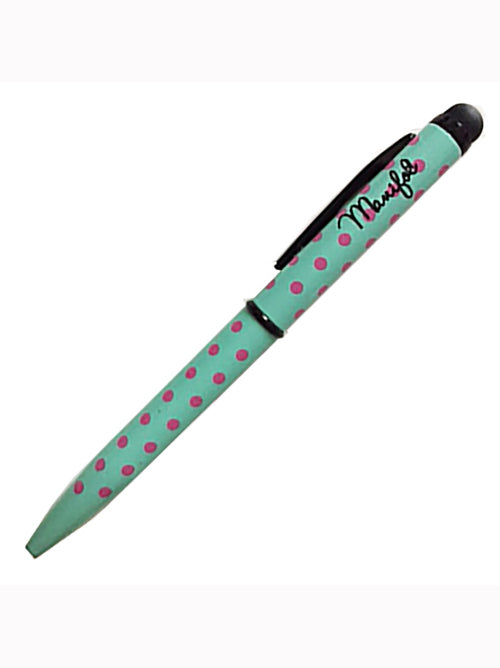 Turquoise mini spotty ballpoint pen with pink dots and integrated stylus tip