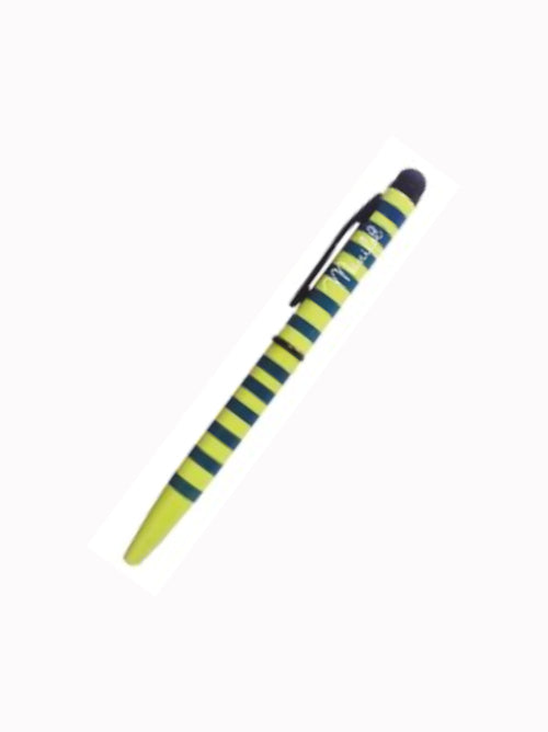 Mini ballpoint pen with striped pattern and stylus tip shown diagonally on a white background