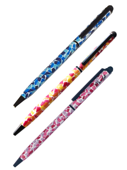 Three mosaic-patterned ballpoint pens with stylus tips shown diagonally on a white background in different colour combinations