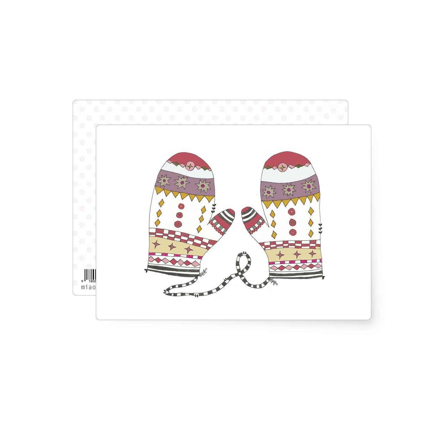 This is a postcard showing a pair of decorated Christmas mittens displaying the Christmas colours and being joined by a piece of wool - so they don't get lost!