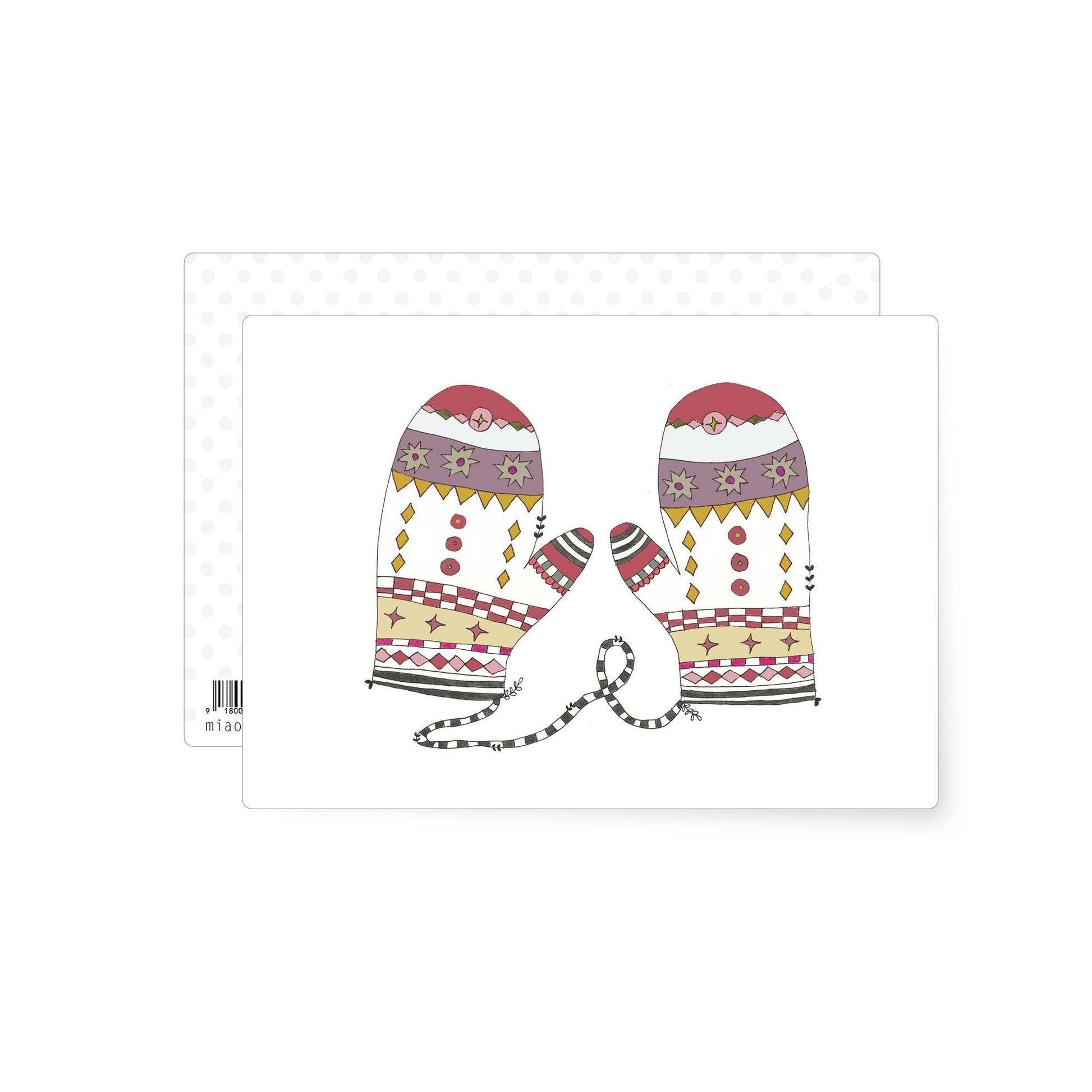 This is a postcard showing a pair of decorated Christmas mittens displaying the Christmas colours and being joined by a piece of wool - so they don't get lost!