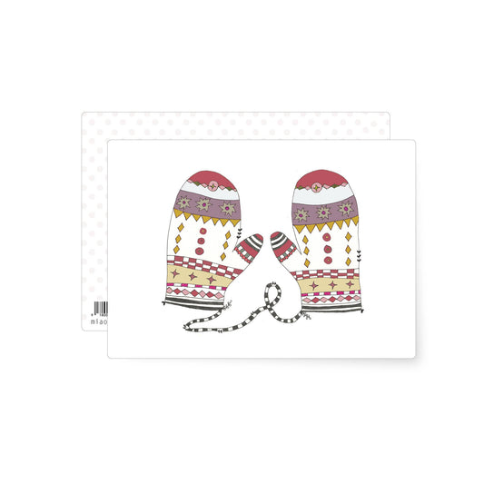 This is a postcard showing a pair of decorated Christmas mittens displaying the Christmas colours and being joined by a piece of wool - so they don't get lost!