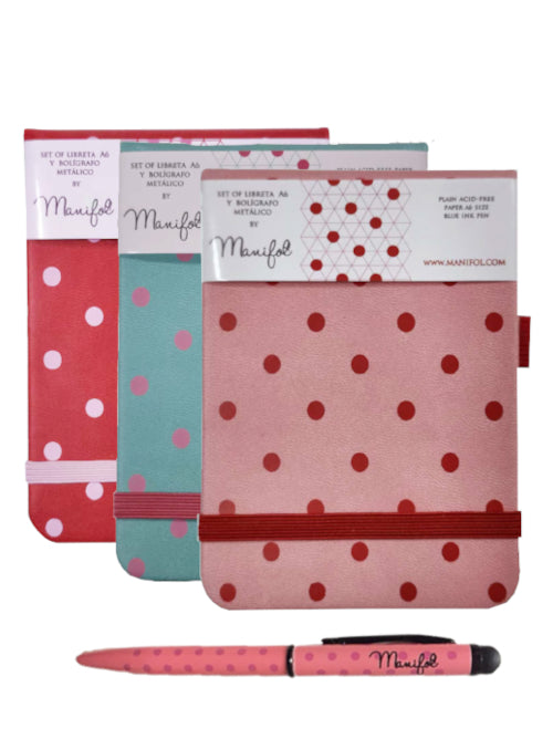 Pocket-sized spotty notebooks shown in several colour options, each with a matching metallic pen