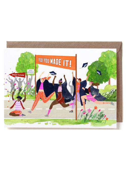 Graduation card with illustration of people running and celebrating, with a banner saying 'YES! YOU MADE IT!' on a white background.
