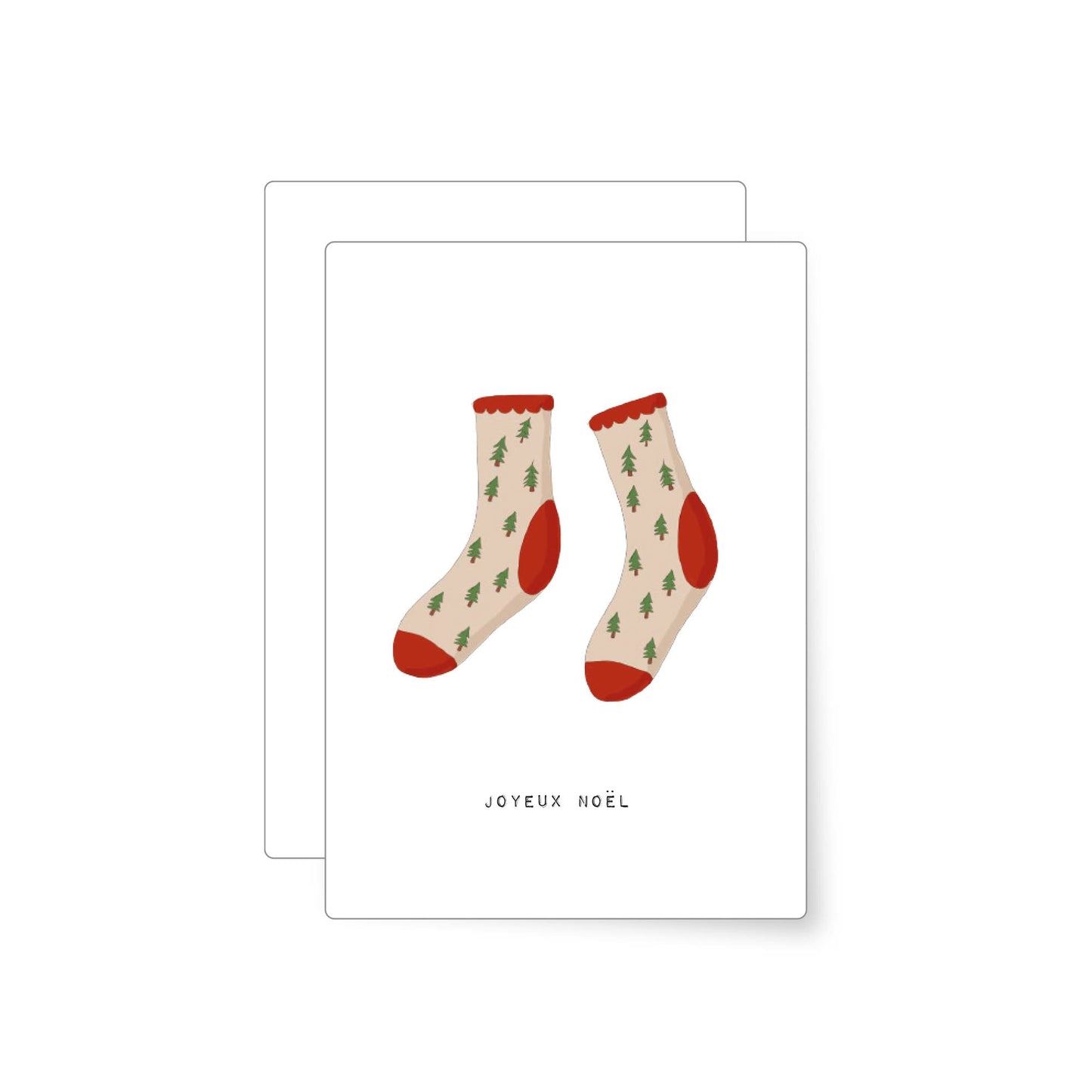 Beautifully hand-illustrated postcard with Christmas-themed socks and 'Joyeux Noel' text on a white background