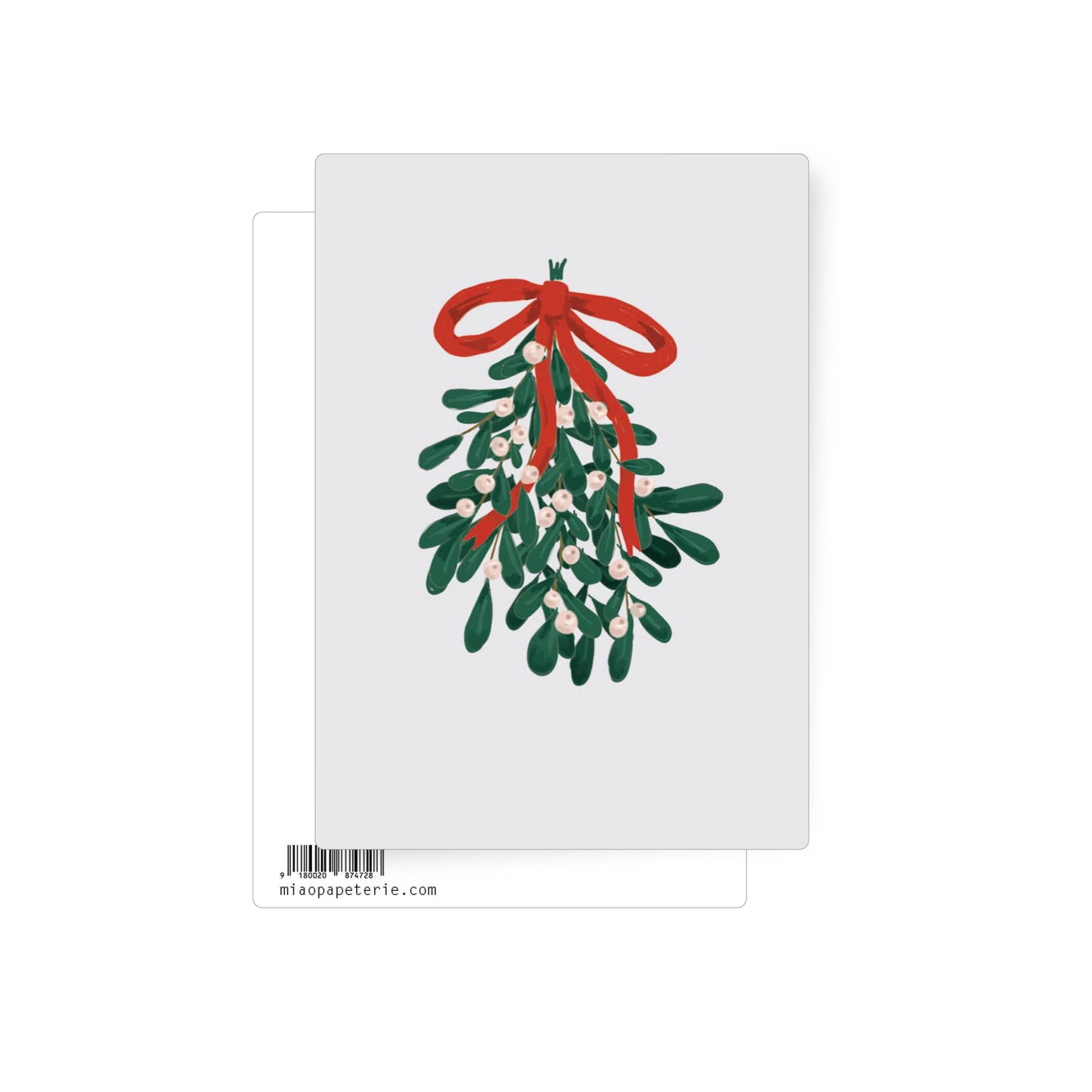 This is a piece of mistletoe beautifully illustrated on a white postcard, secured by a bow of Christmas red. 