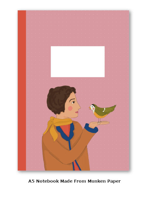 Pink A5 notebook front cover with a bird and a boy illustration. 
