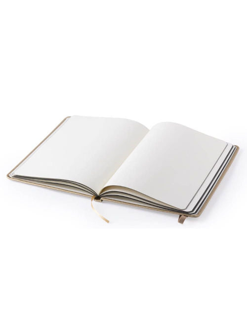 A5 notebook opened to show plain white pages and ribbon bookmark