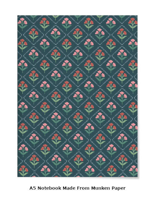 dark green notebook cover with repeating red and pink floral pattern in diamond layout