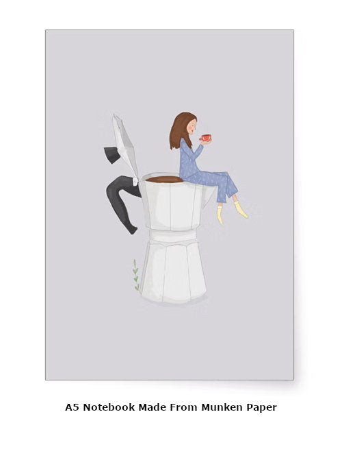 Grey A5 notebook cover with coffee pot and tiny girl sitting on the edge of the pot