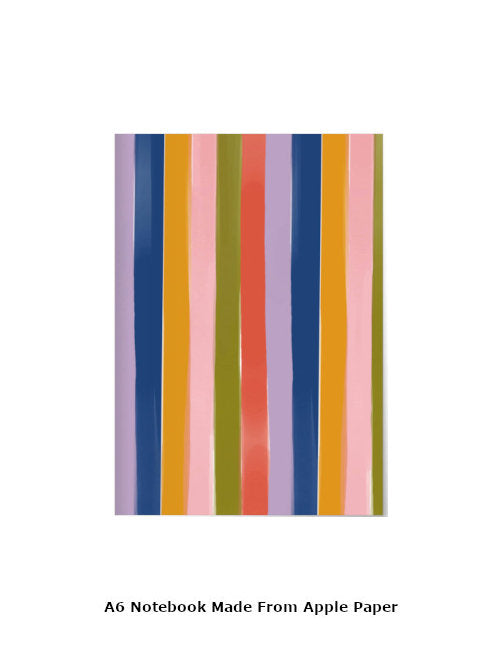 a6 notebook with multi colour striped cover. Made from Apple Paper.