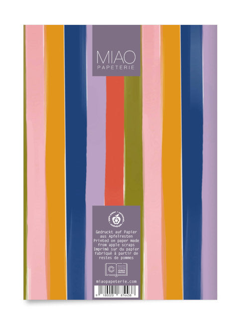 back cover of a6 striped notebook with product information