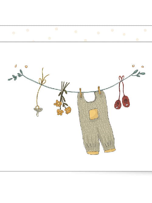 Delicate illustration of baby clothes, shoes and a pacifier hanging on a washing line, sweet new baby greetings card with soft neutral tones.