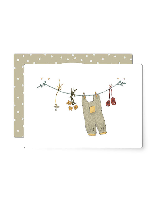 Delicate illustration of baby clothes, shoes and a pacifier hanging on a washing line, sweet new baby mini card with soft neutral tones.