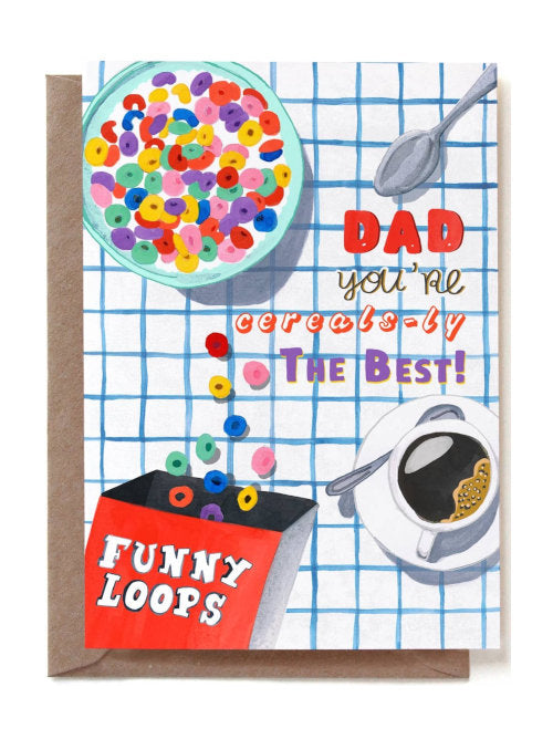 Card with cereal bowl, coffee cup, and text 'Dad you're cereally the best! Funny Loops' on a checkered background.