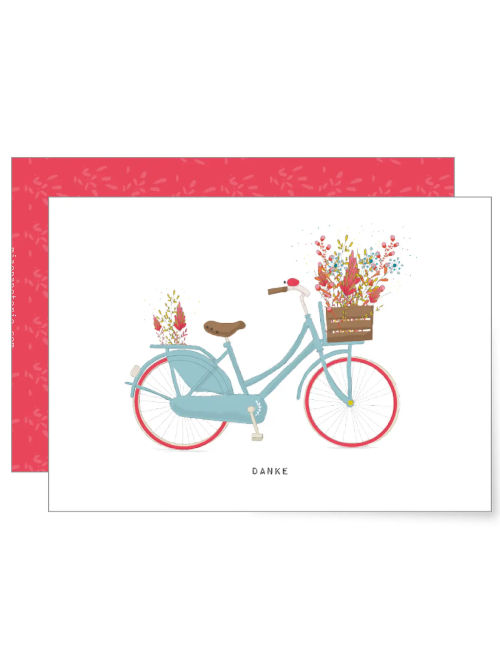Illustration of a vintage style bicycle with a basket overflowing with flowers, cheerful illustrated thank you greeting card.
