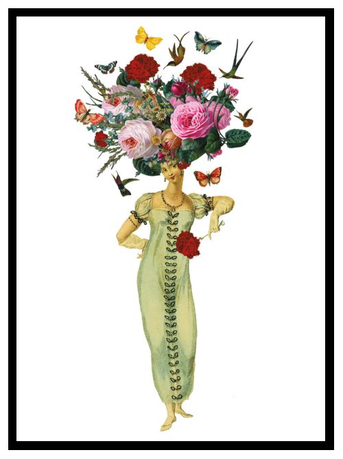 A designer illustrated postcard showing a lady in a retro jump suit or pyjamas with her head full of flowers and butterflies. 
