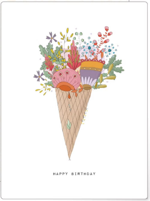 Beautifully illustrated birthday card with flower arrangement spilling out the top of an ice cream cone. 