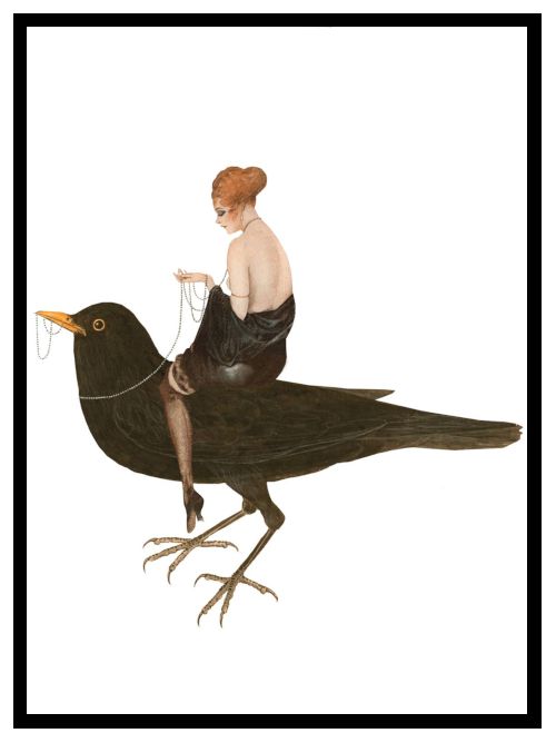 This designer postcard illustration depicts a woman dressed in retro clothes sitting on the back of a blackbird and holding a string of pearls as reins. 