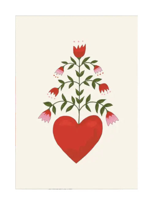 Heart flower greetings card on a cream background with illustrated red heart and blooming flowers growing out of it. This A6 greetings card with envelope is perfect for Mother's Day, birthdays, valentines day and so many other occasions. 