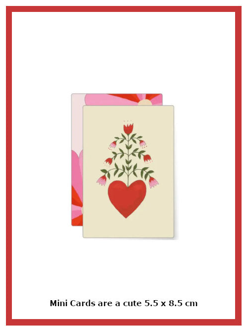 This cheerful mini card features a red heart with green stem and small pink and red flowers on a beige background