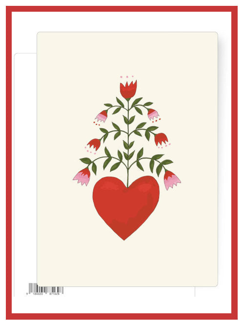 Postcard featuring a red heart with green stem and small pink and red flowers on a beige background