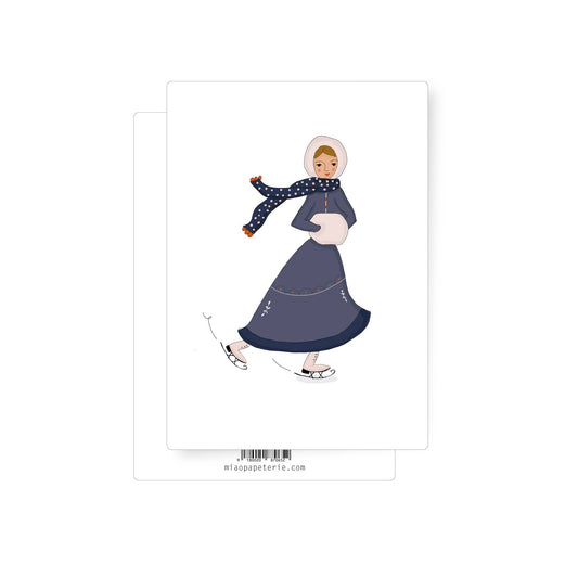 This Christmas Postcard features a wonderfully illustrated girl, dressed in a fine winter warm blue outfit, ice-skating. 