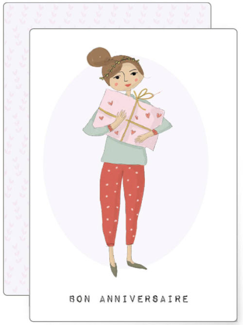 Lovely illustration of a lady with a birthday present and the words "bon anniversaries" on a plain white background.