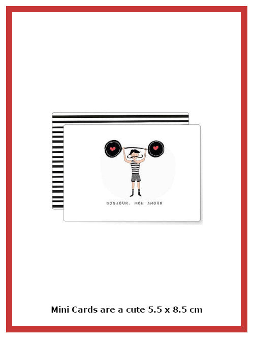 Mini greetings card with text "bonjour mon amour" and caricature of a thin man holding a barbell on white background