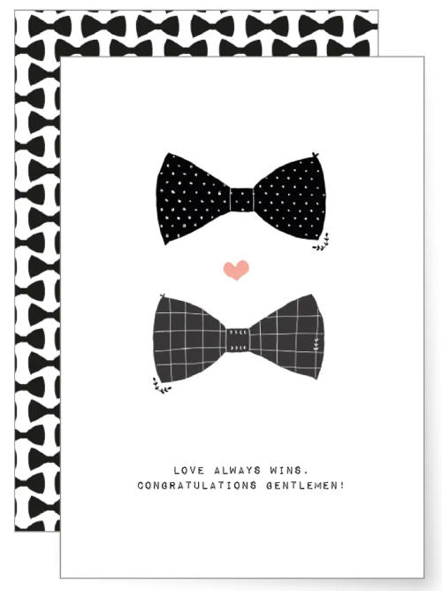 Minimalist design featuring two bow ties and a small heart, celebrating a joyful same sex wedding union.